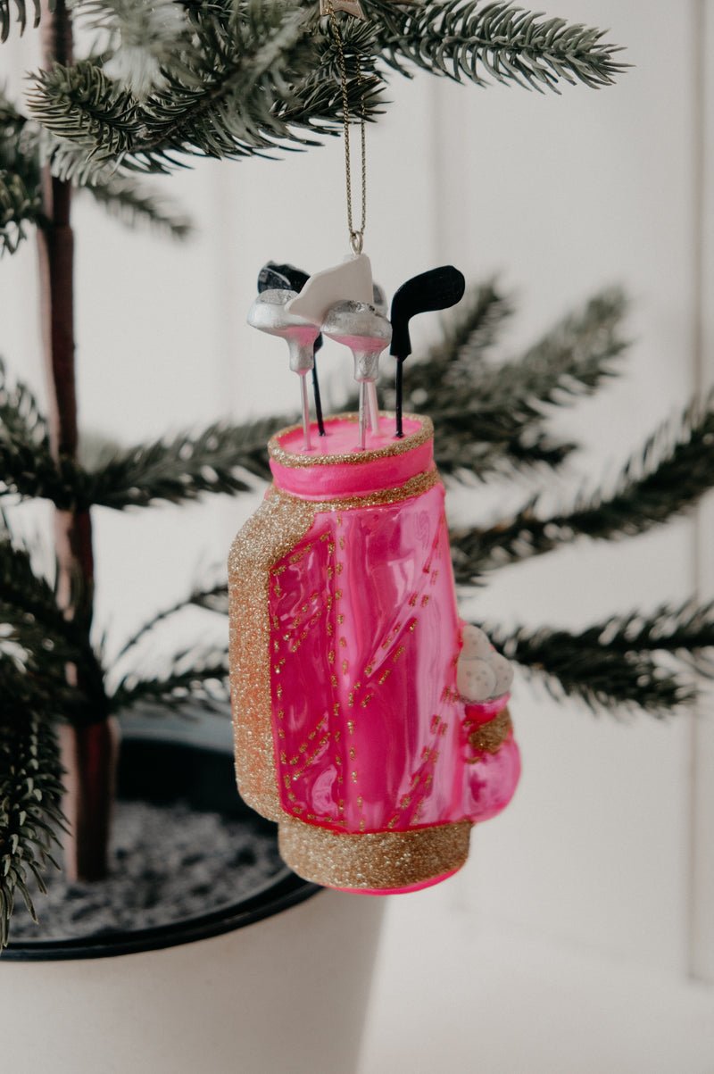 Lunden Pink Glass Golf Bag Glitter Christmas Bauble Ornament