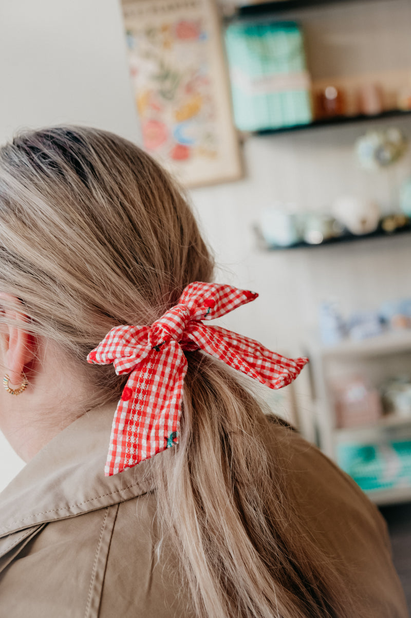 Hazel Red Gingham Cherry Bow Scrunchie