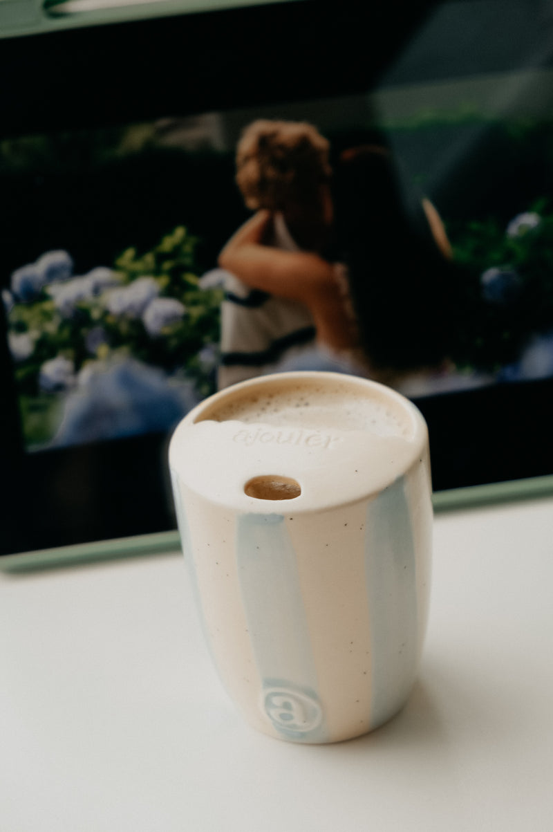 Paige Blue Striped To-Go Travel Ceramic Tumbler Mug