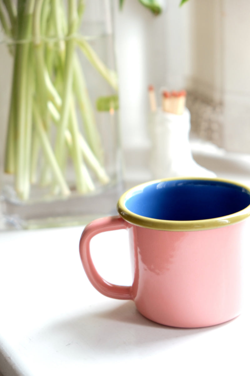 Francesca Pink and Olive Trim Enamel Coffee Mug