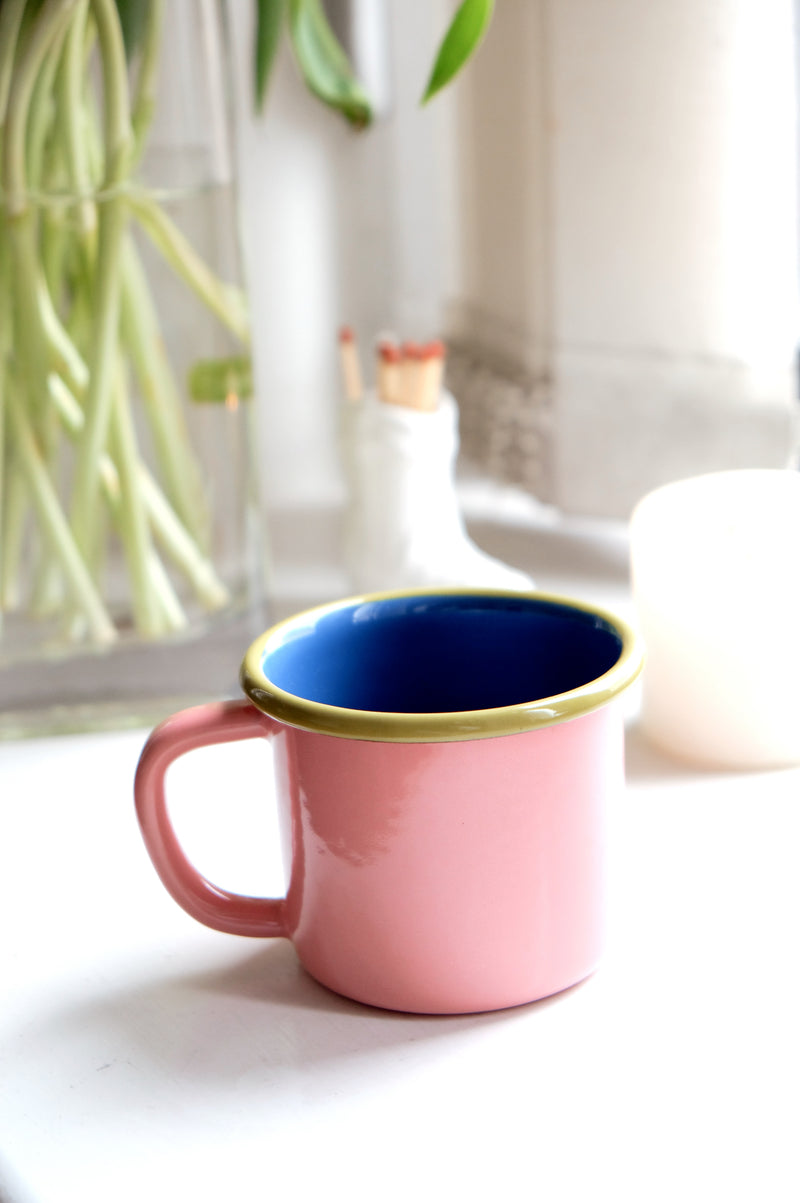 Francesca Pink and Olive Trim Enamel Coffee Mug