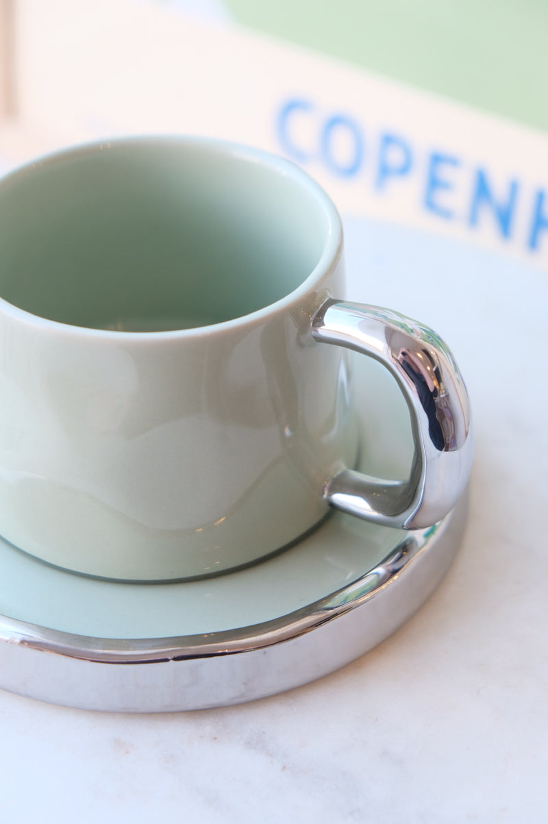 Ollie Ceramic Sage Green and Chrome Mug and Saucer Set