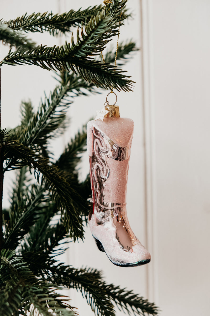 Lany Pink Cowboy Boot Glitter Glass Christmas Tree Bauble