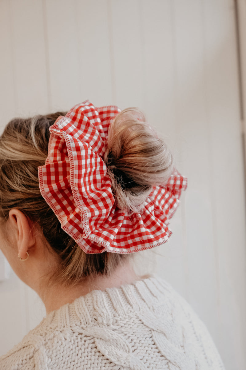 Mya XL Red and White Frill Checkered Scrunchie