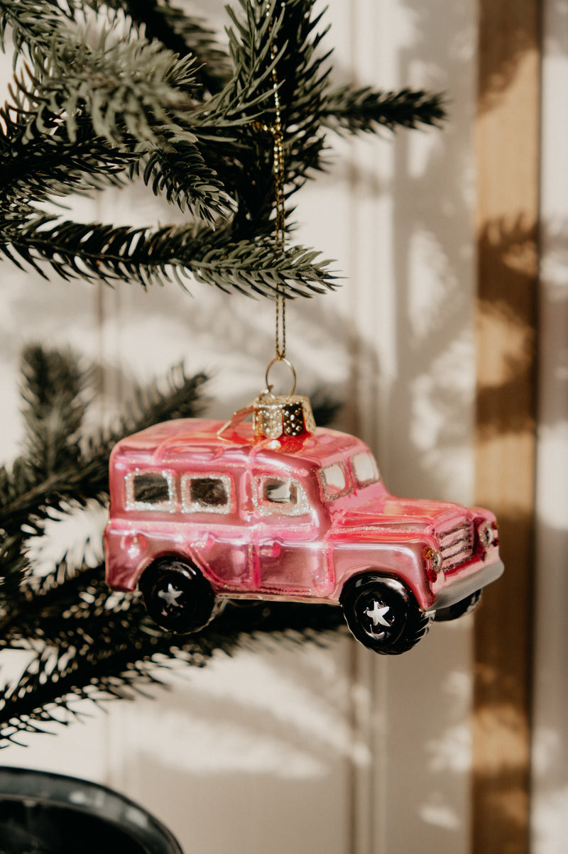 Taylor Land Rover Bubblegum Pink Car Glitter Christmas Bauble Ornament