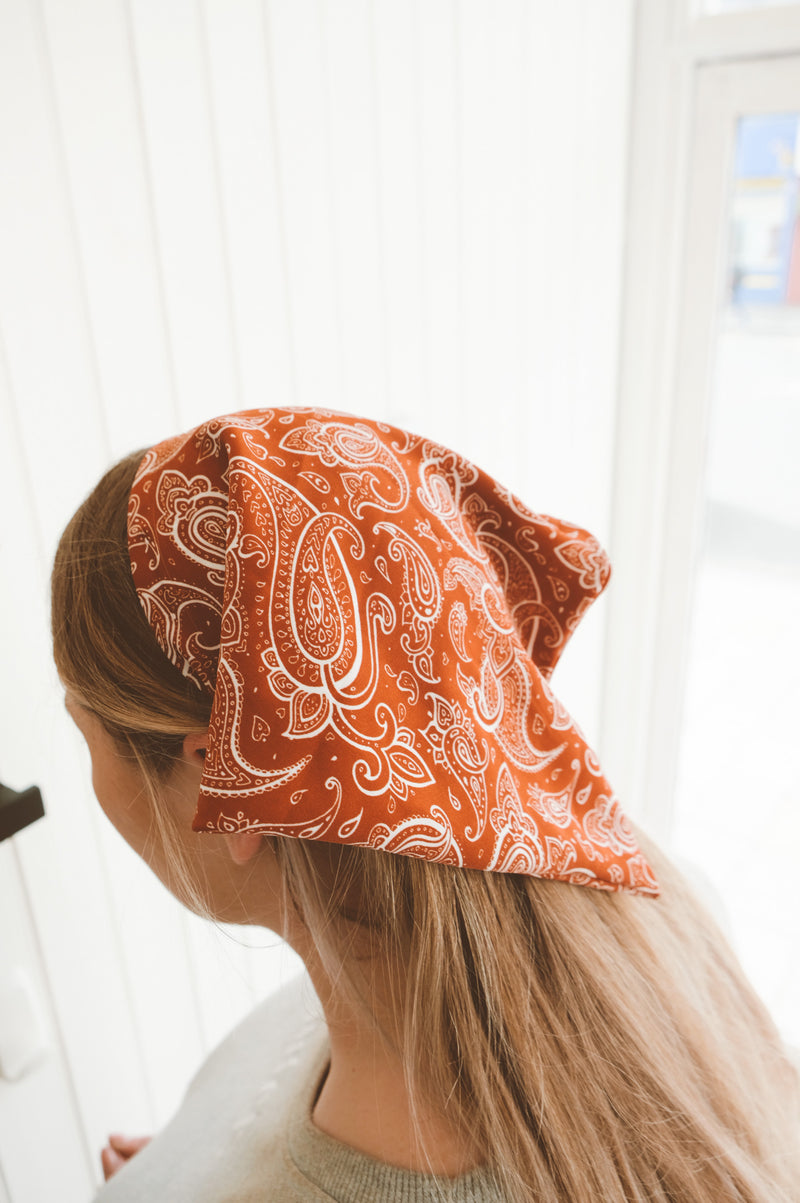 Tayla Burnt Orange Paisley No-Tie Bandanna Scarf