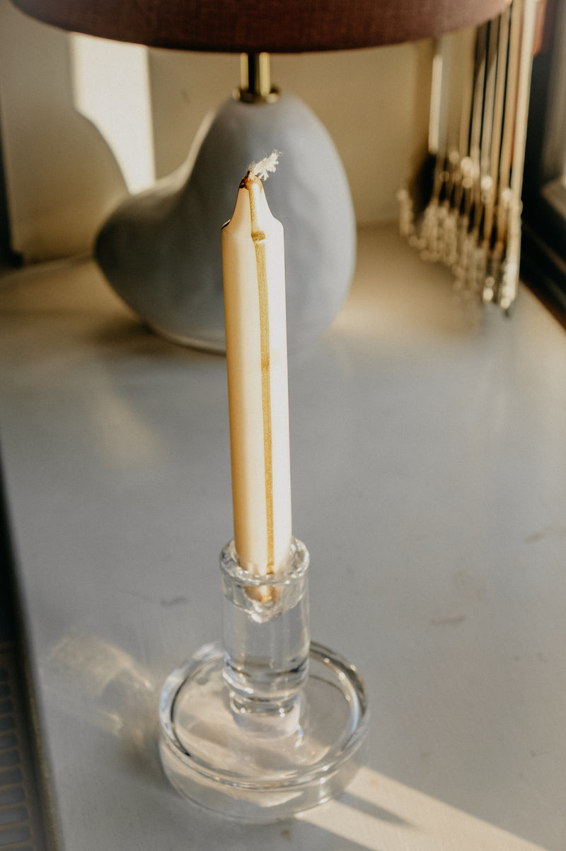 White and Gold Stripe Twisted Pillar Candle