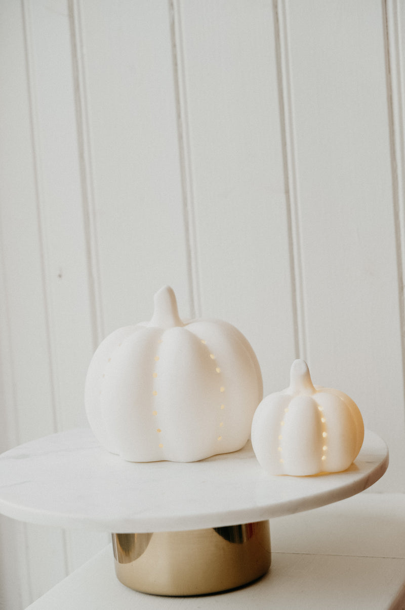LED Light-Up White Ceramic Halloween Pumpkin Lantern Tealight Holders - Small and Medium