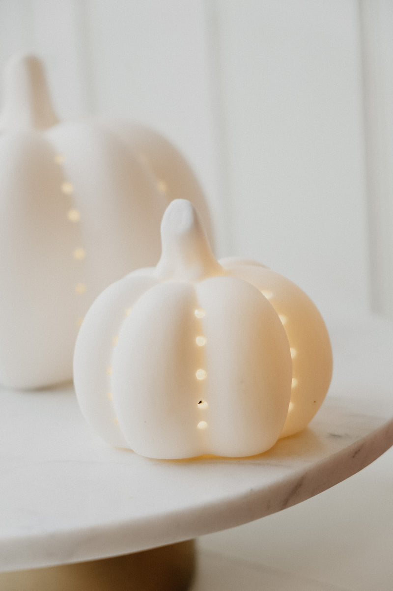 LED Light-Up White Ceramic Halloween Pumpkin Lantern Tealight Holders - Small and Medium