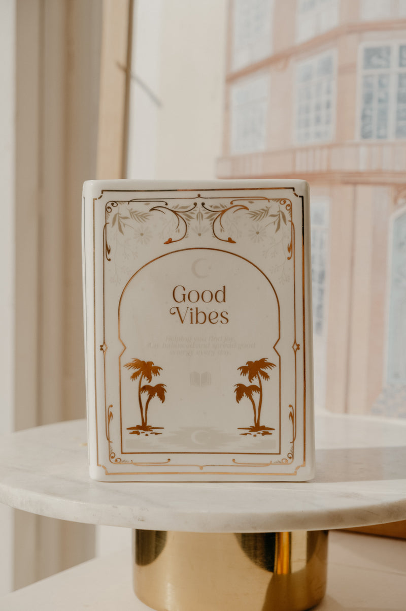 Jazmine Good Vibes White and Gold Book Shaped Vase
