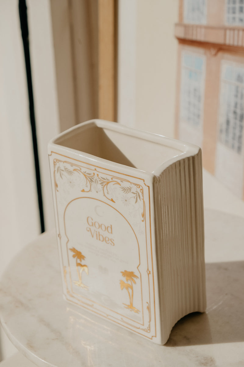 Jazmine Good Vibes White and Gold Book Shaped Vase