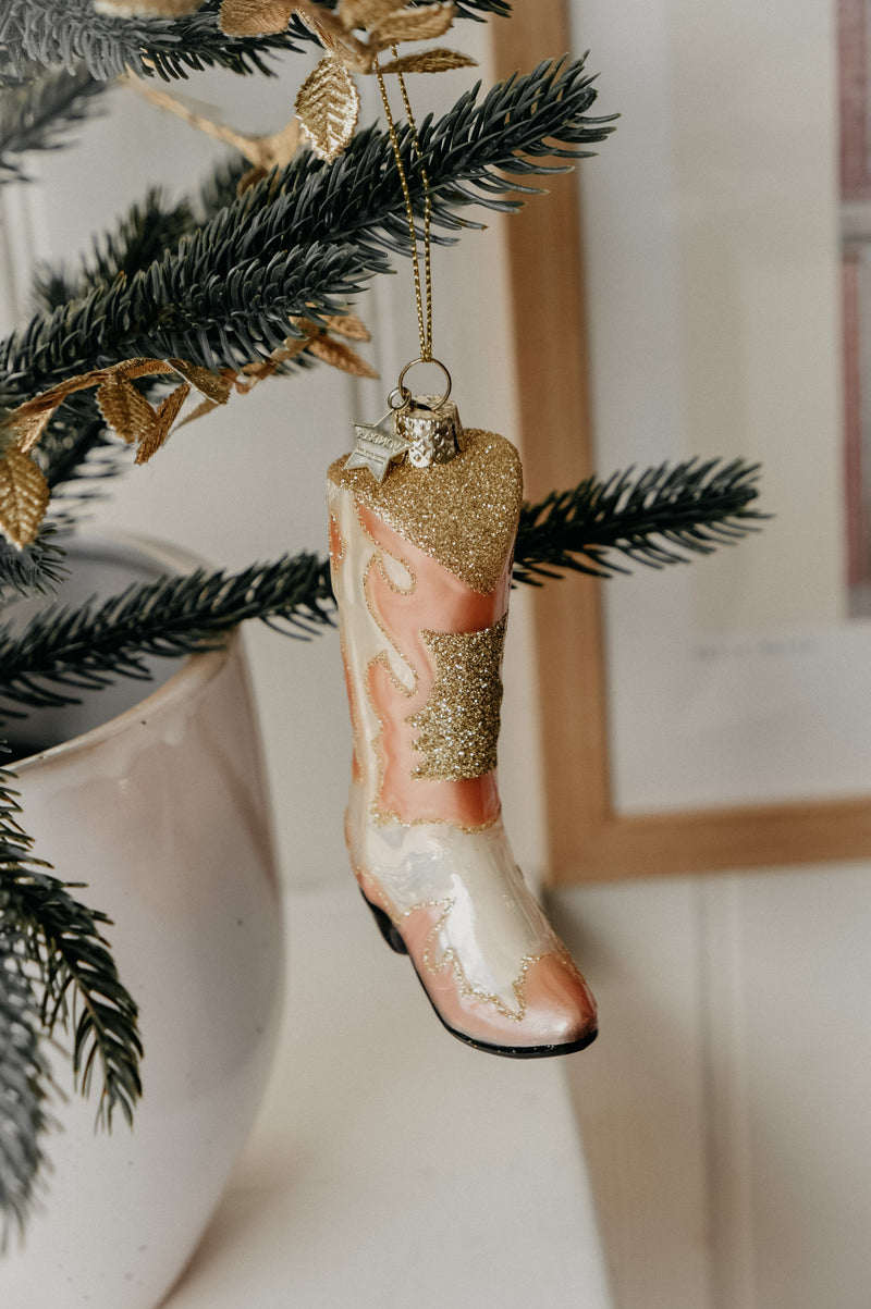 Paulina Champagne and Opal Cowboy Boot Glitter Glass Christmas Tree Bauble