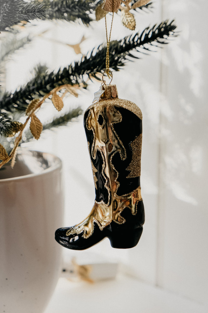 Rylee Black and Gold Cowboy Boot Glitter Glass Christmas Tree Bauble