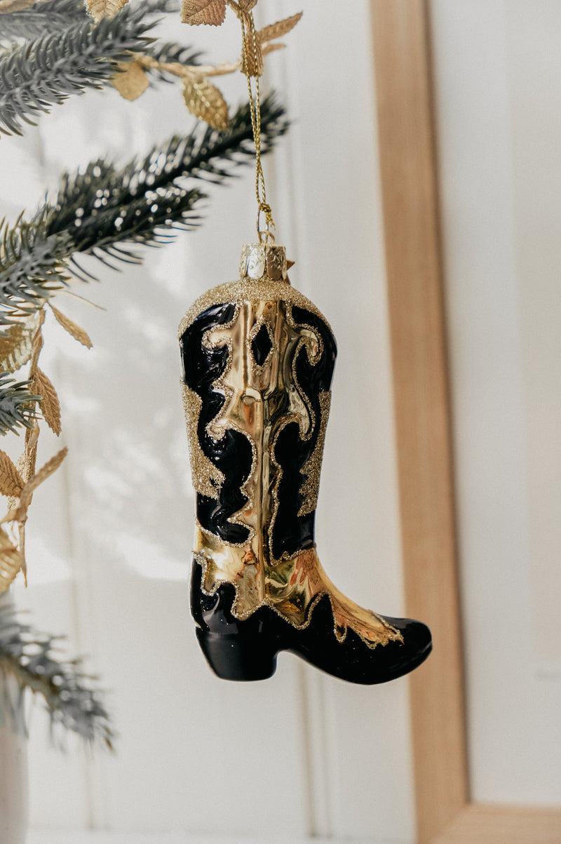 Rylee Black and Gold Cowboy Boot Glitter Glass Christmas Tree Bauble