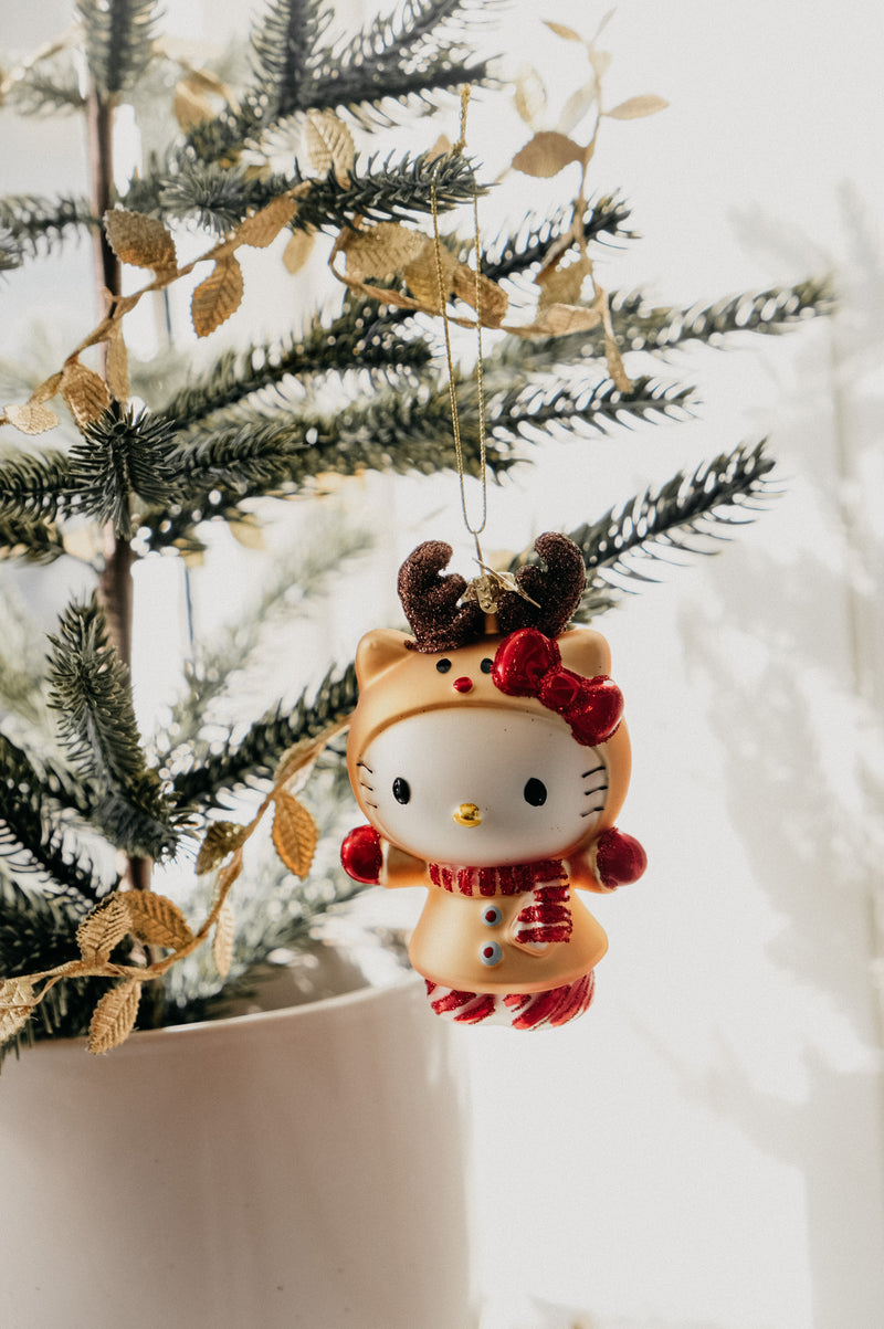Hello Kitty with Reindeer Ears Glass Christmas Tree Bauble Ornament