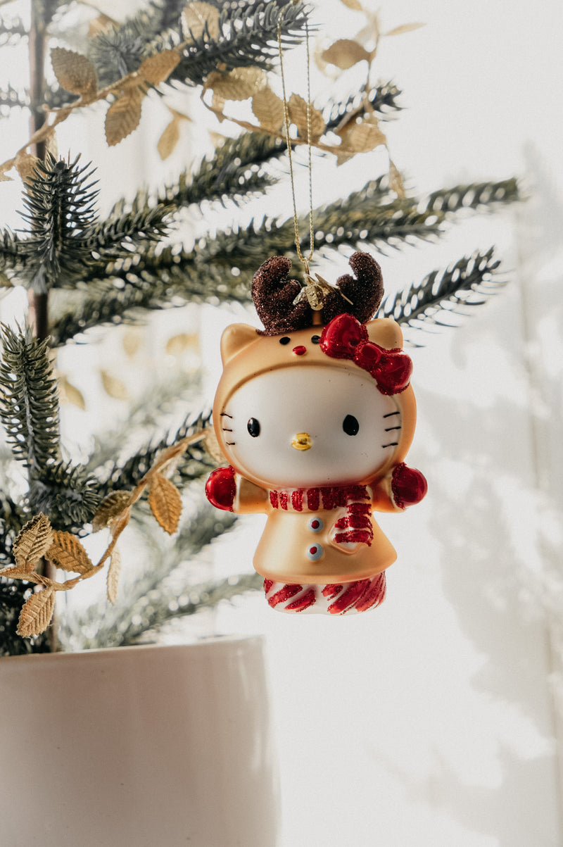 Hello Kitty with Reindeer Ears Glass Christmas Tree Bauble Ornament