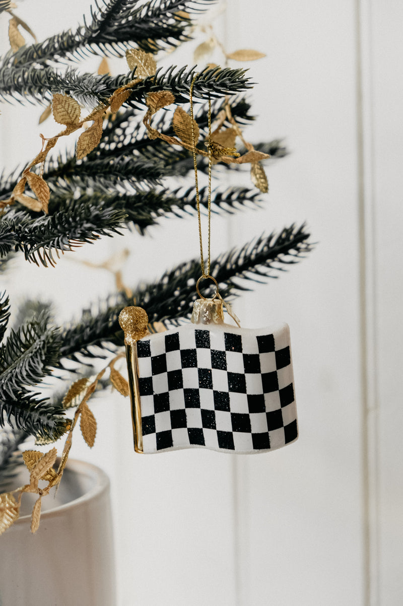 F1 Checkered Flag Formula 1 Glitter Glass Christmas Tree Bauble Ornament