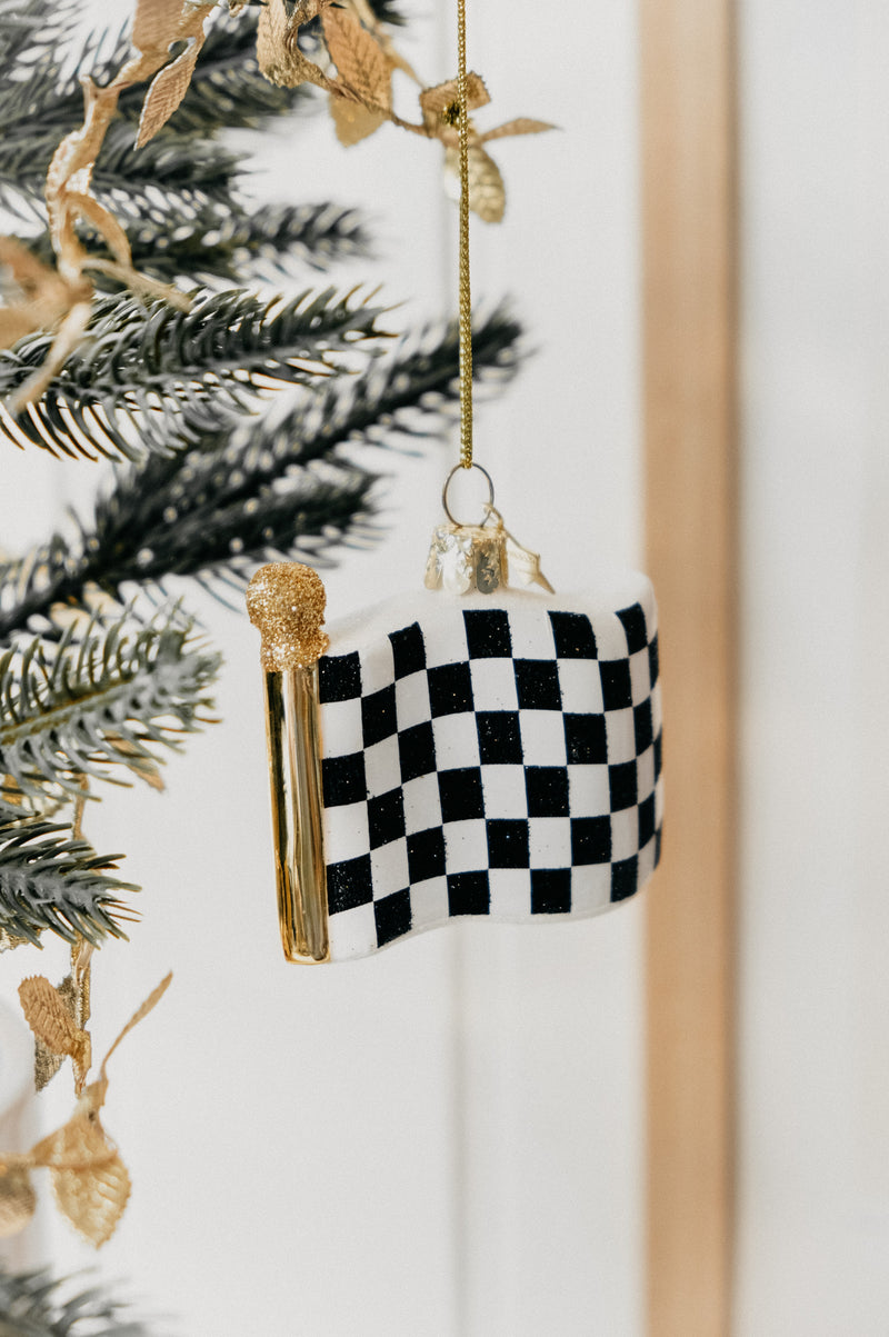 F1 Checkered Flag Formula 1 Glitter Glass Christmas Tree Bauble Ornament