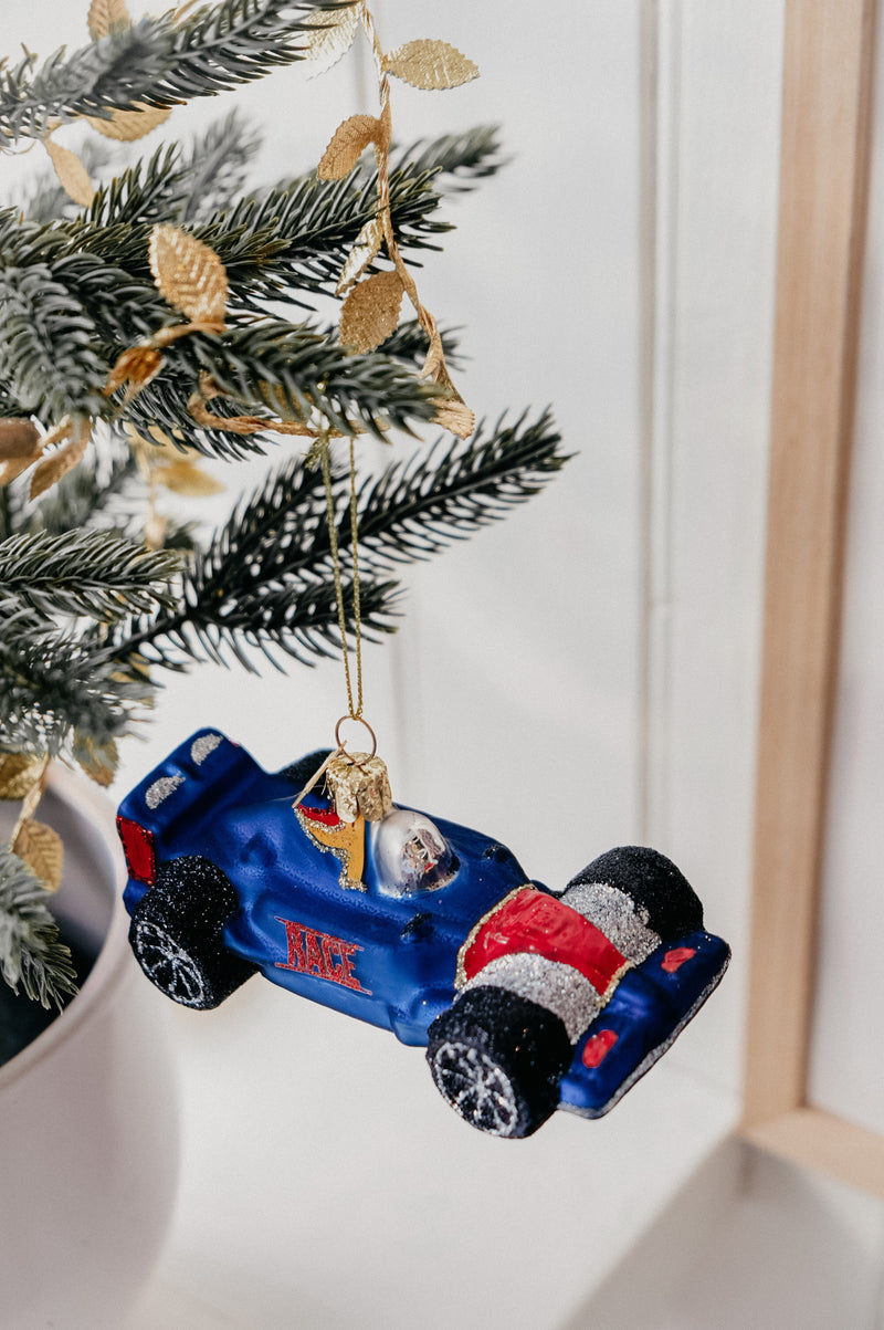 F1 Blue Formula One Race Car Glitter Glass Christmas Tree Bauble Ornament