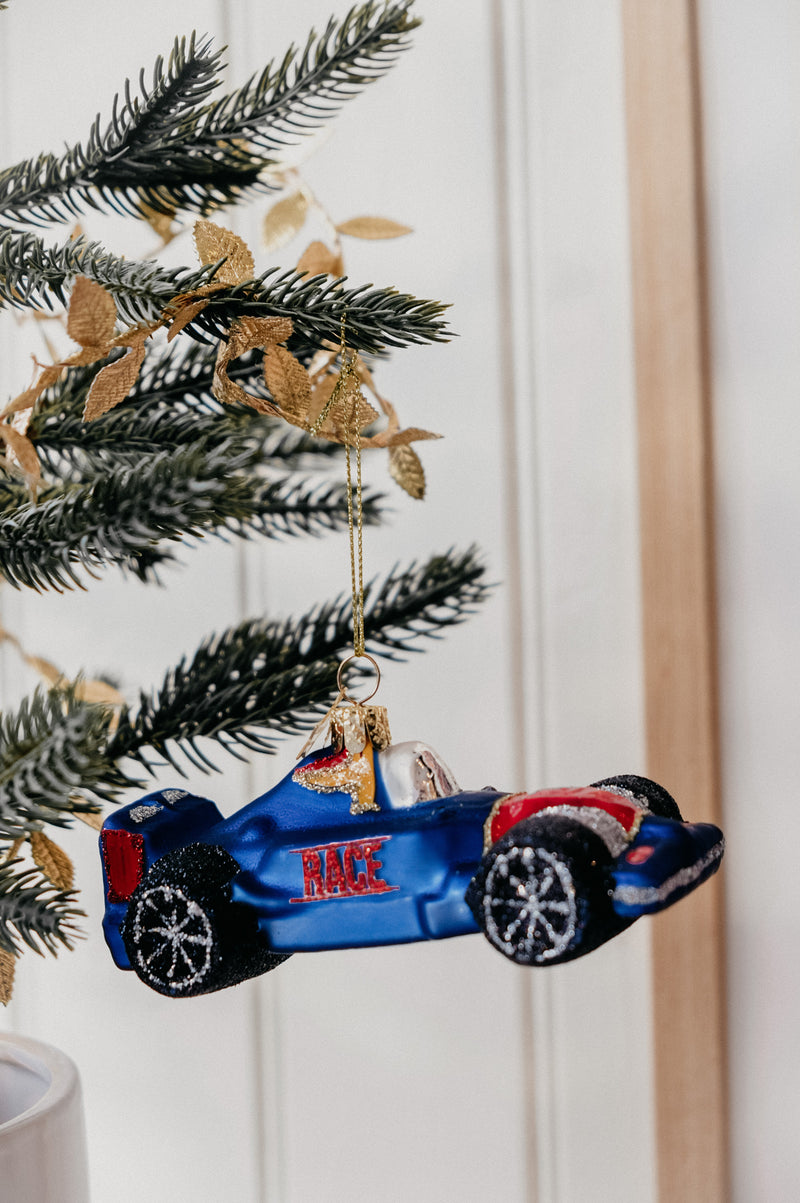 F1 Blue Formula One Race Car Glitter Glass Christmas Tree Bauble Ornament