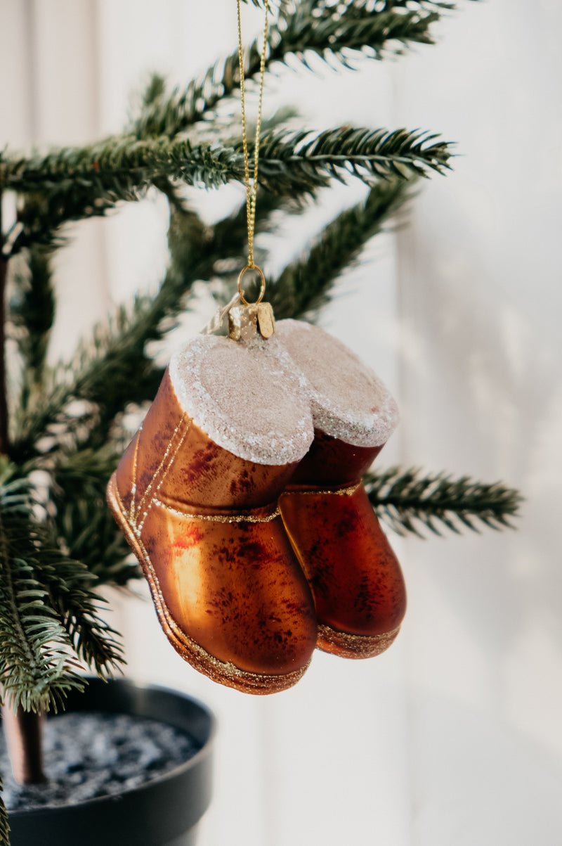 Grace Brown Suede Boots Glitter Glass Christmas Tree Bauble