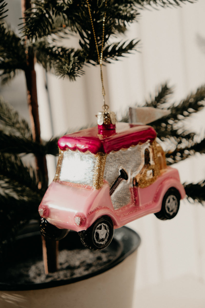 Sabrina Pink Glass Golf Cart Glitter Christmas Bauble Ornament