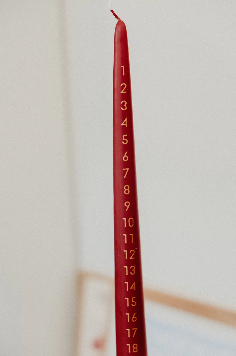 Red and Gold Tapered Christmas Advent Calendar Pillar Candle - comes with a candle holder