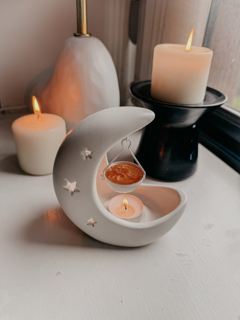 White Crescent Moon Star Hanging Wax Melt Burner / Incense Cone Holder