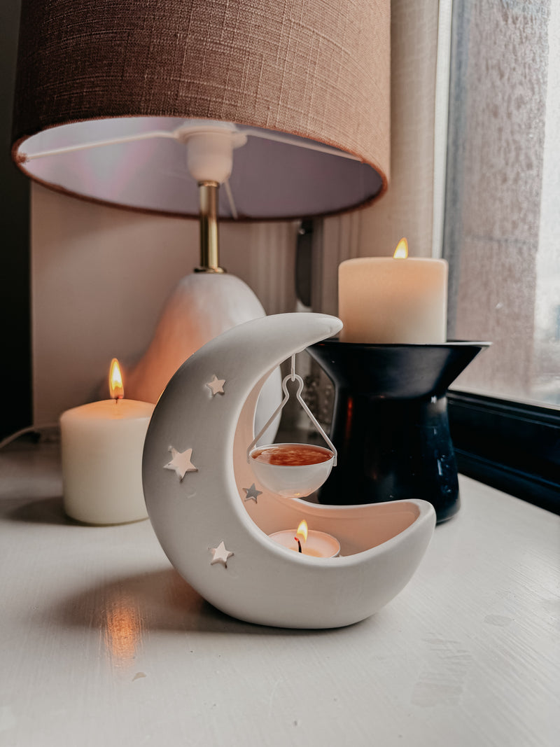 White Crescent Moon Star Hanging Wax Melt Burner / Incense Cone Holder