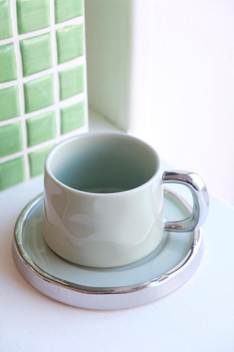 Ollie Ceramic Sage Green and Chrome Mug and Saucer Set