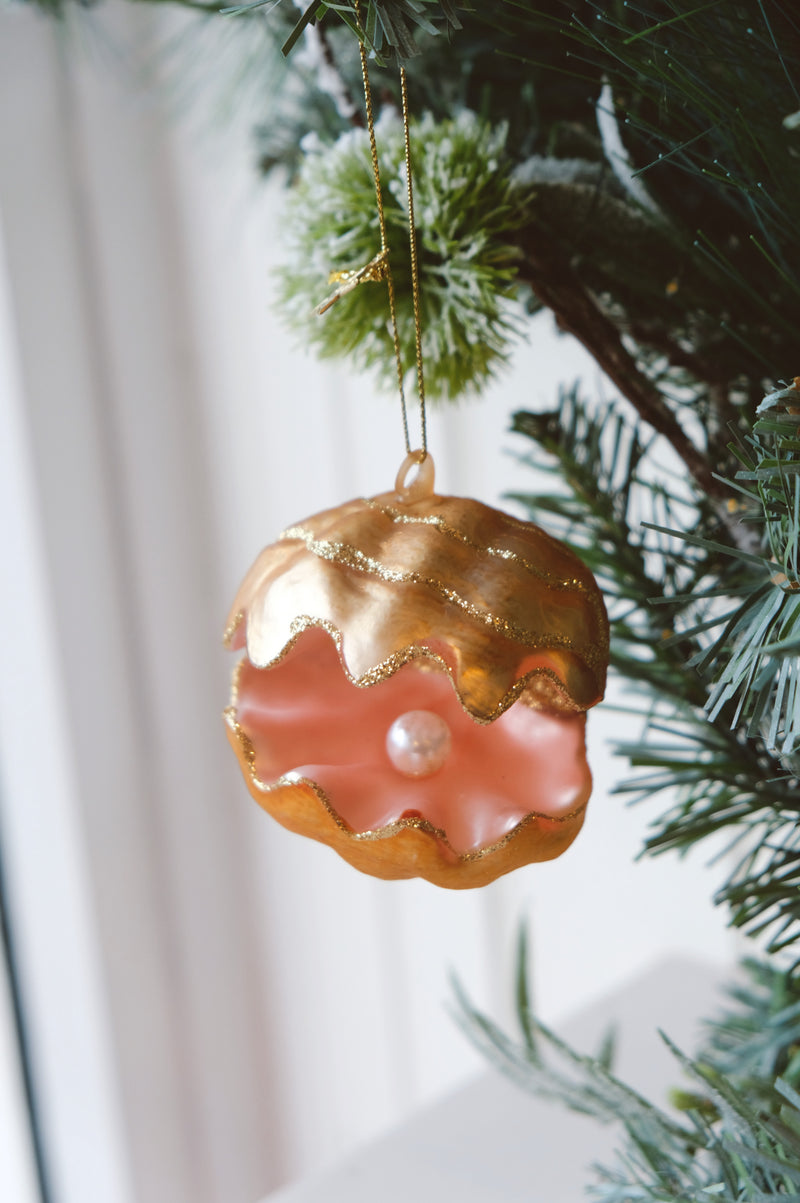 Oyster Clam Shell Gold and Pink Glitter Christmas Tree Bauble