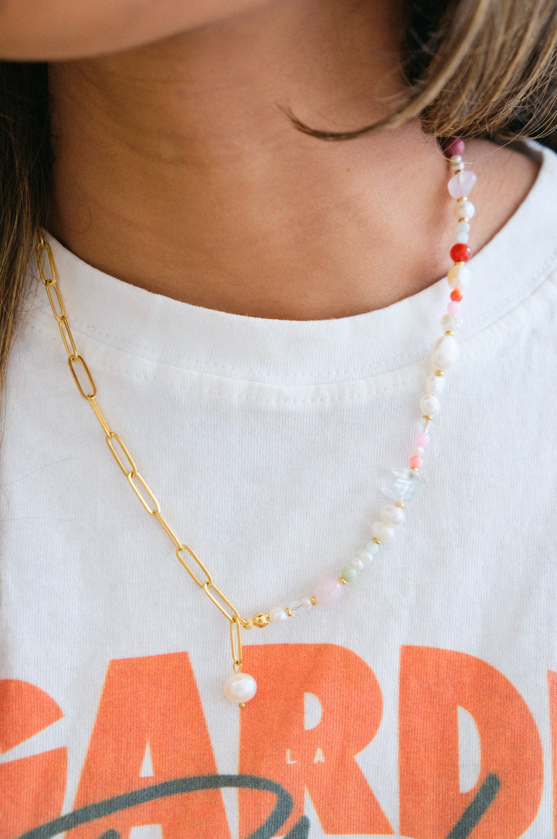 Lora Beaded Pearl and 18k Gold Link Necklace Set