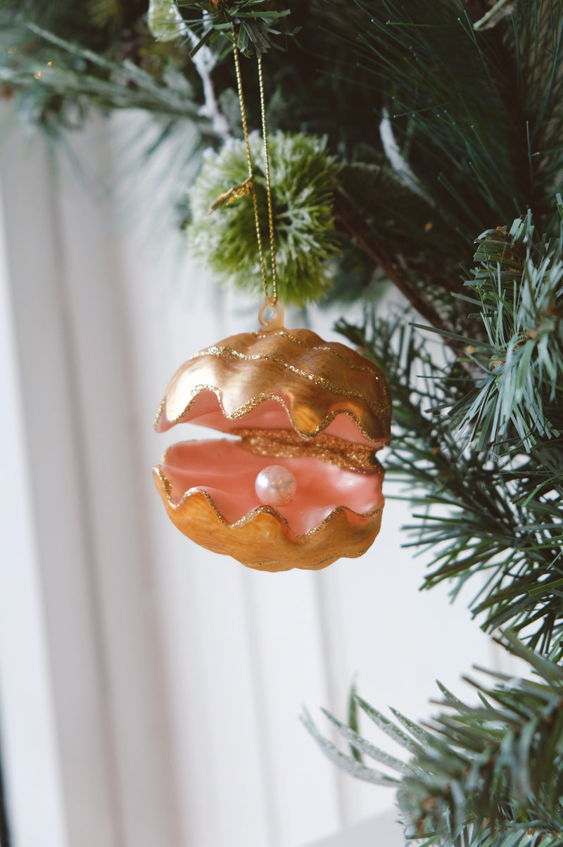 Oyster Clam Shell Gold and Pink Glitter Christmas Tree Bauble
