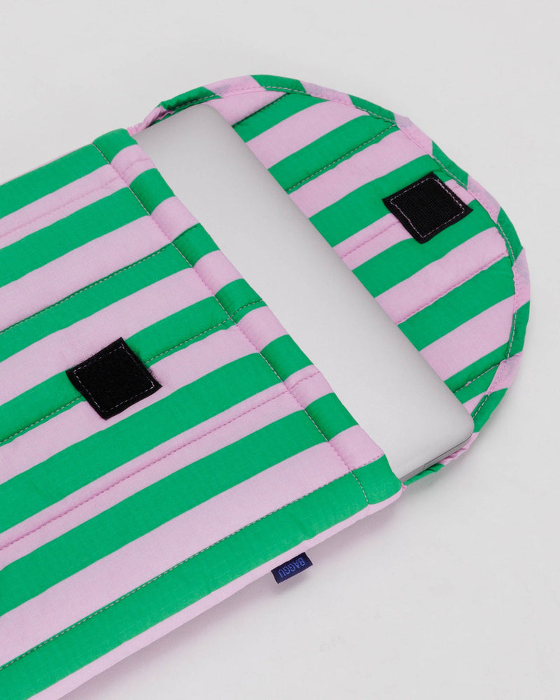 Baggu Pink and Green Striped Puffy Laptop Sleeve