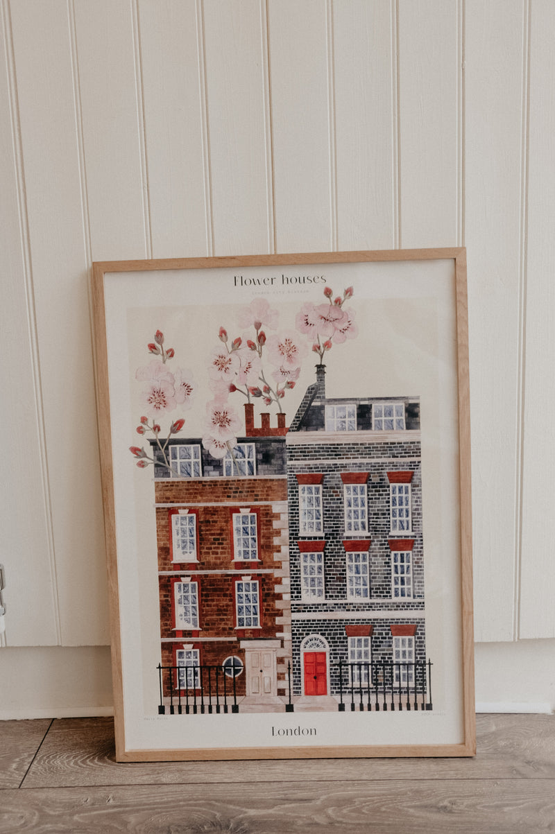 London Flower Houses Artwork Print 50cm x 70cm