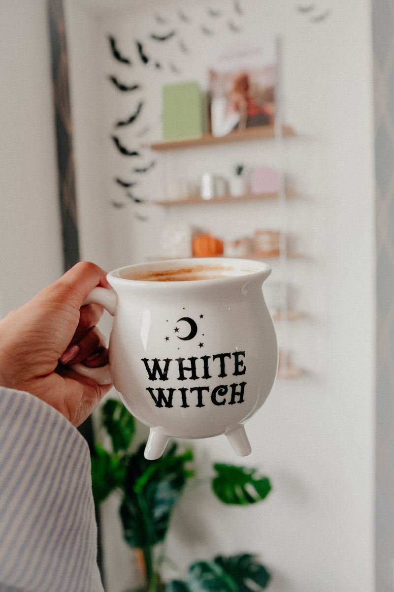 White Witch Moon and Stars Cauldron Halloween Ceramic Mug