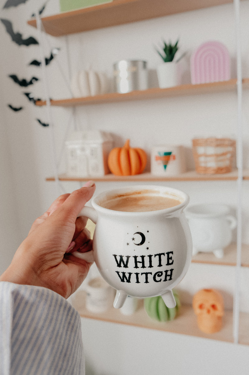 White Witch Moon and Stars Cauldron Halloween Ceramic Mug