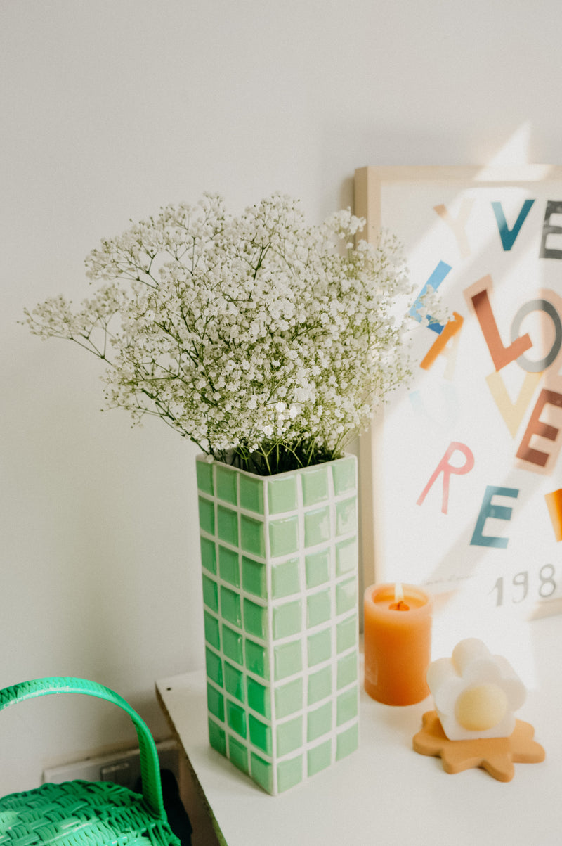 Asha Mint Green Ceramic Checkered Tiled Flower Vase