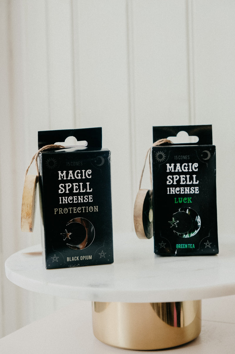 Magic Spell Protection Incense Cones and Holder - Black Opium or Green Tea