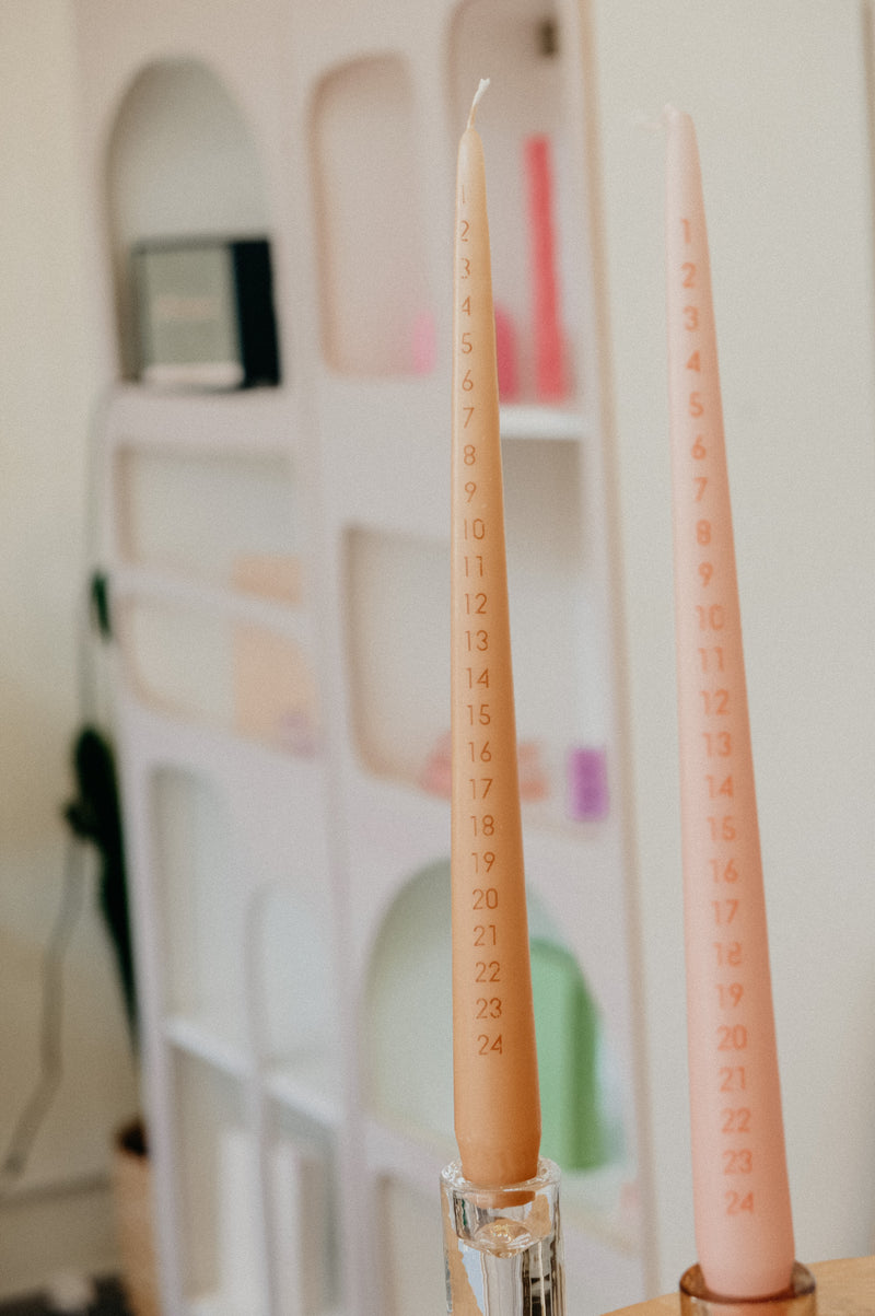 Pink Tapered Christmas Advent Calendar Pillar Candle - comes with a candle holder