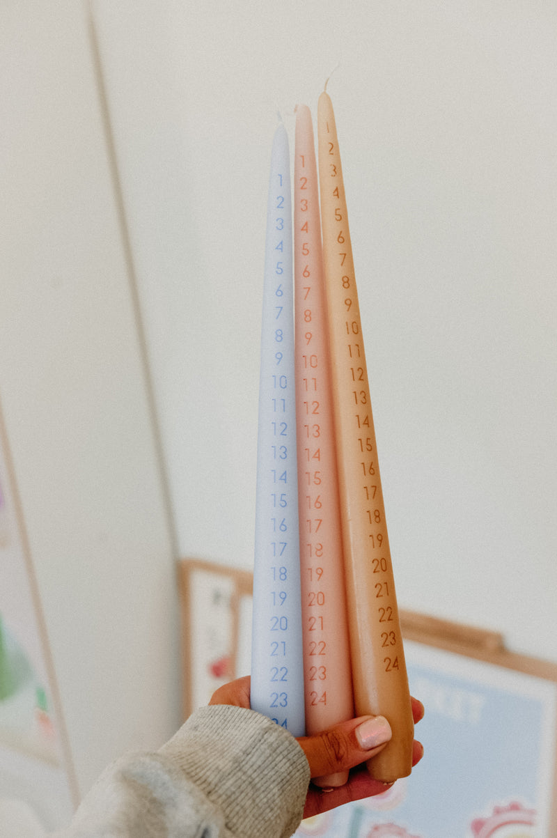 Pink Tapered Christmas Advent Calendar Pillar Candle - comes with a candle holder