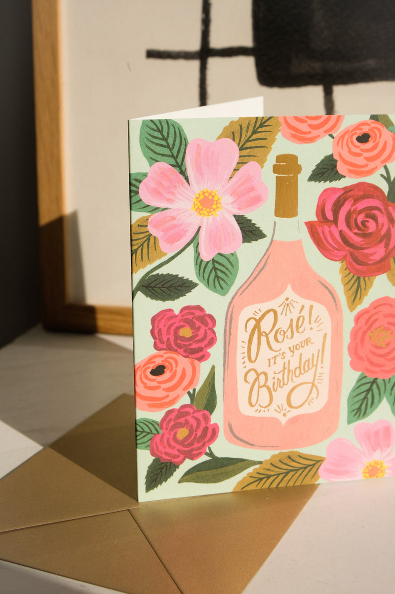 Rosé Happy Birthday Pastel Floral Greeting Celebration Gift Card