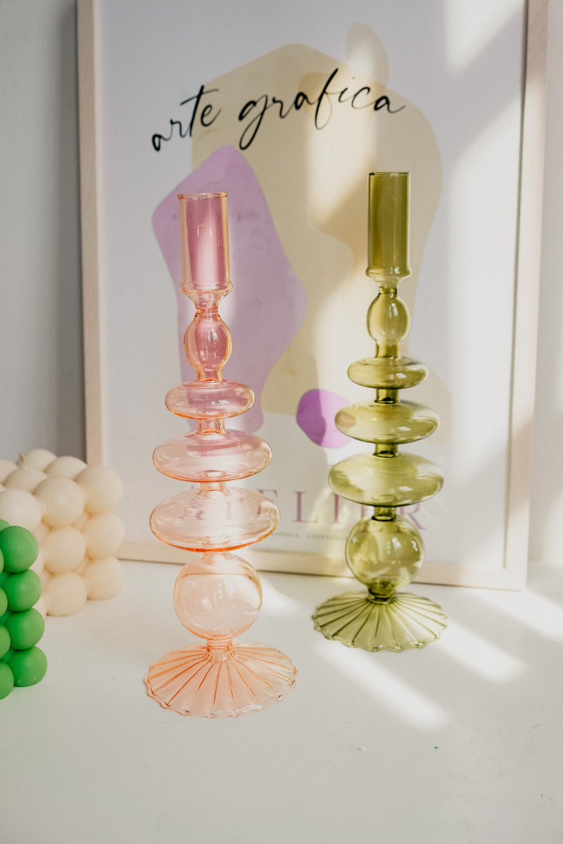 Mia 70s Vintage Style  Tablescape Glass Candle Holder - Orange, Pink and Green