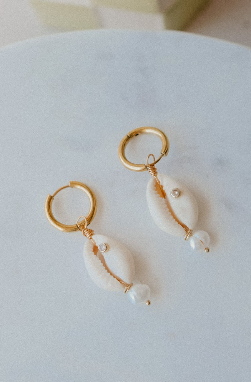 Eevi Shell and Pearl Diamante Gold Hoop Earrings