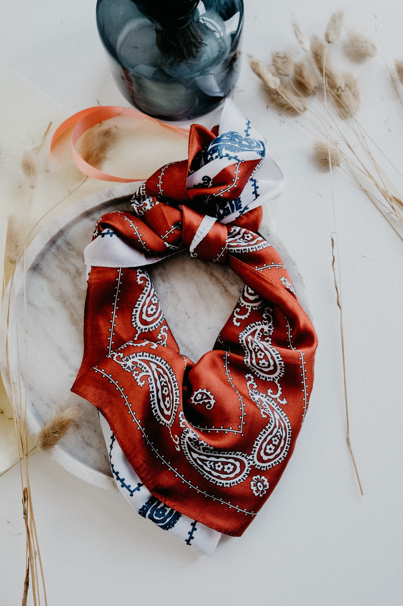 Jasmine White And Burnt Orange Paisley Bandanna Festival Neck Scarf