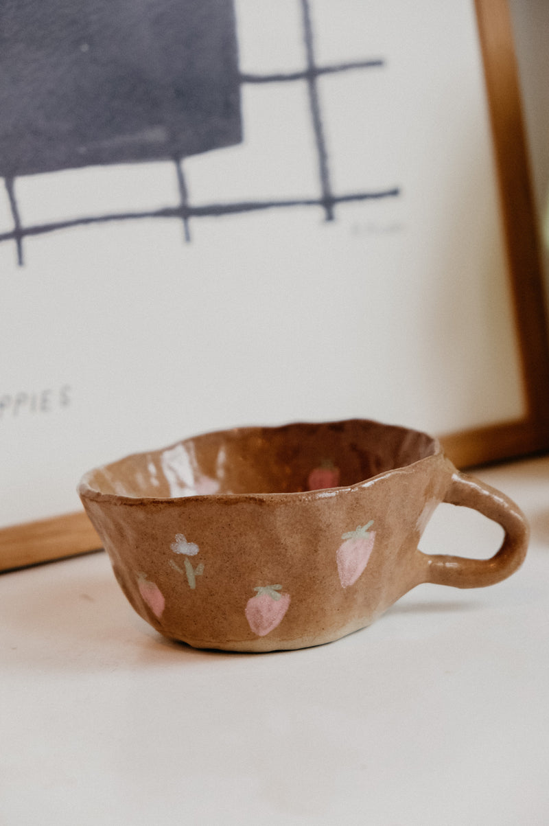 Strawberries and Flowers Handmade Irregular Ceramic Mug