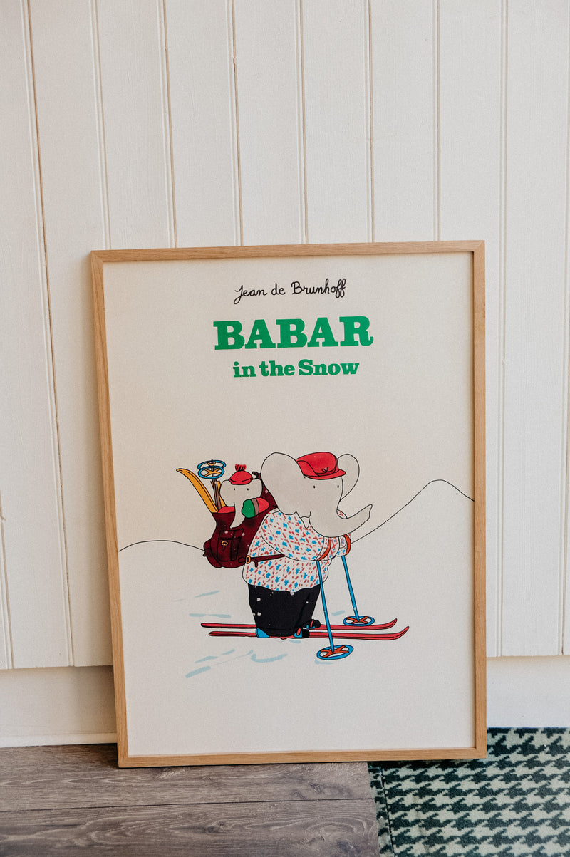 Babar in the Snow Ski Print 50cm x 70cm