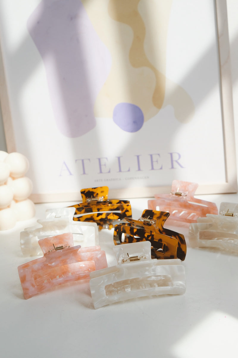 Paola Large Claw Square Hair Clip - available in tortoiseshell, white marble and pink marble