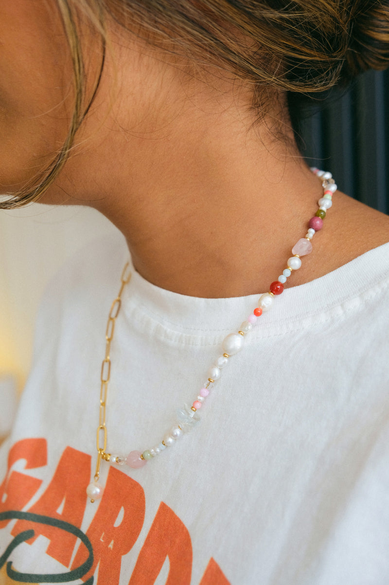 Lora Beaded Pearl and 18k Gold Link Necklace Set
