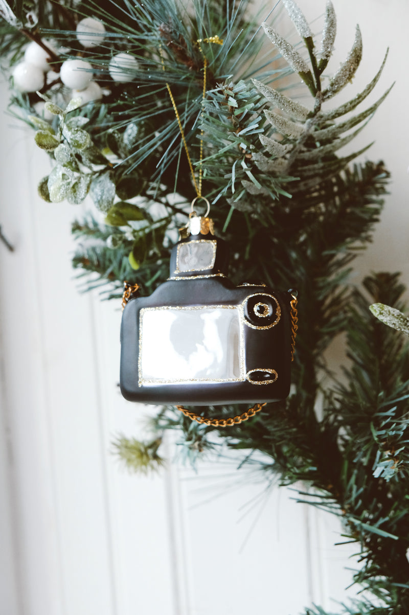 Camera Glitter Glass Christmas Tree Bauble